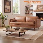 Faux leather sofa, 70-inch mid-century modern style sofa, brown - Image 2